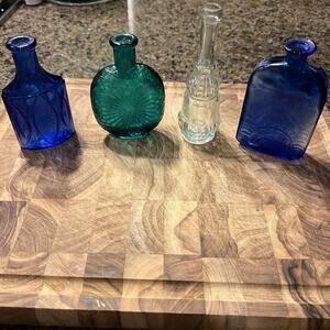 Lot of 4 vintage mini glass decanter bottles| cobalt blue| emerald | clear